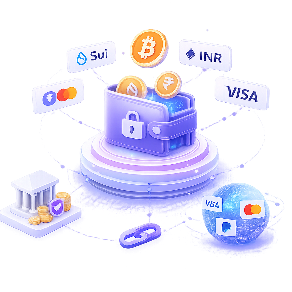 A secure multicurrency wallet holding Sui, Bitcoin, Ethereum and INR, connected to bank and card payment rails