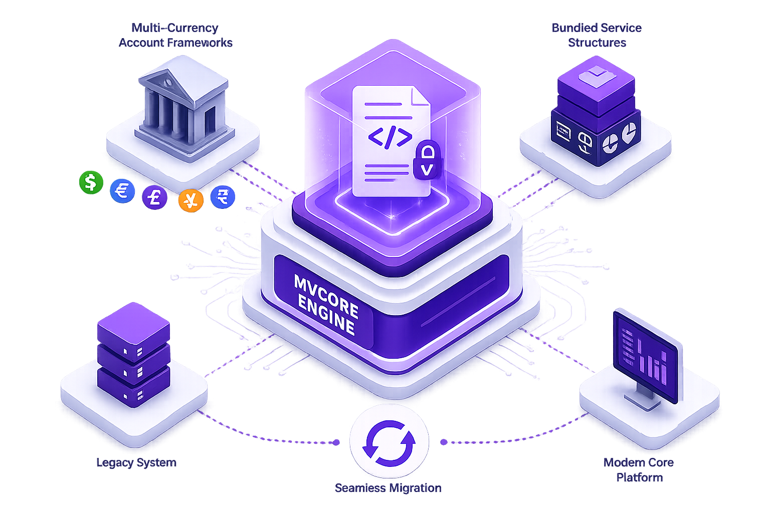 MVCORE Engine at the centre of accounts, currency management, transactions, smart contracts and bundled services